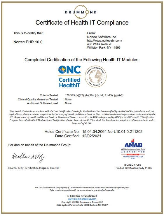 Certificate of Health IT Compliance